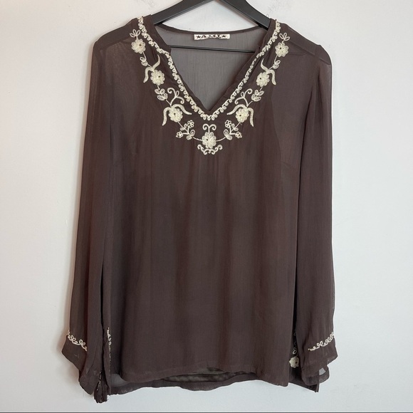 AML Brown Long Sleeve Sheer Top - Picture 1 of 15